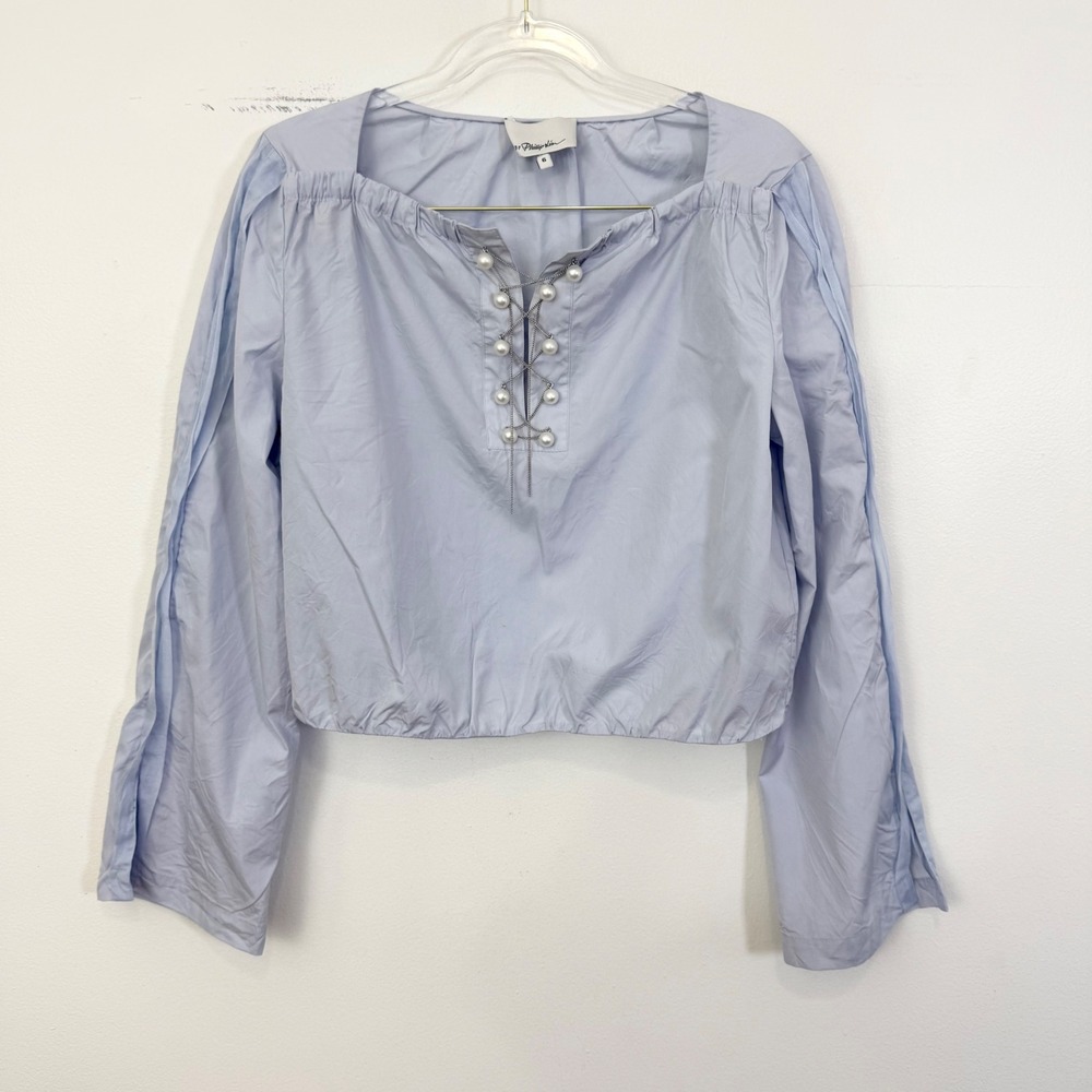 3.1 Phillip Lim Pearl Chain Lace Up Cotton Blouse Blue Size 6